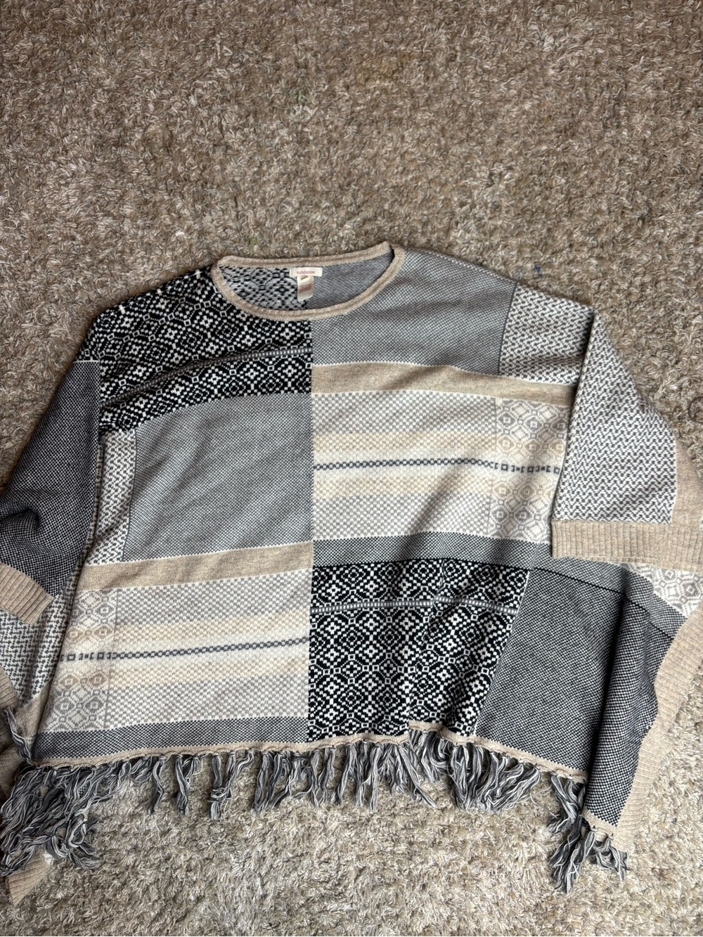 Sundance Patchwork Fringe Pullover - Beige, Gray & Black